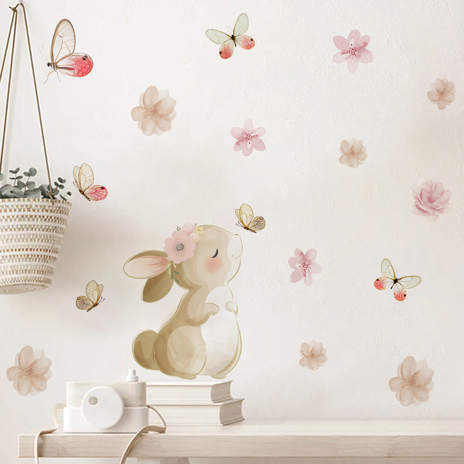 Baby Nursery Decor Girl - Cartoon Coniglio Fiori Farfalla Adesivo da